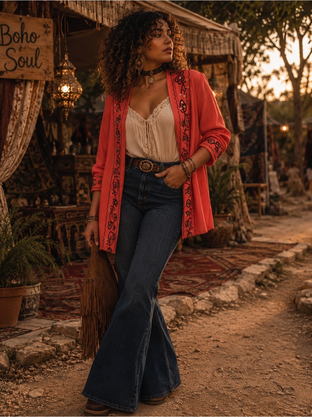 Boho Western Sequins Dana Kay Vintage Coral Embroidered Boho Kimono Tunic